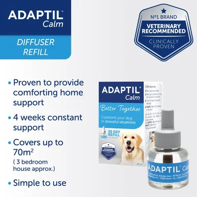 Adaptil Calm diffuser refill, provides comforting home support for 4 weeks, covers up to 70 square metres, simple to use, veterinary recommended and clinically proven.
