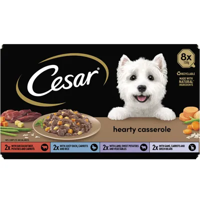 Cesar hearty casserole multipack, 8 trays of 150g. Includes beef with potatoes and carrots, duck with carrots and rice, lamb with sweet potatoes, game with carrots and green beans.