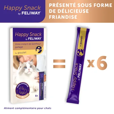 Happy Snack by Feliway au poulet, aliment complémentaire pour chats, boîte de 6 sticks. Texte visible : 'Votre instant de bonheur partagé', 'présenté sous forme de délicieuse friandise'.