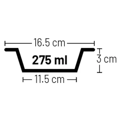 Diagram s rozměry misky: objem 275 ml, šířka 16,5 cm, hloubka 11,5 cm, výška 3 cm.