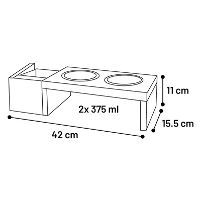 Diagram van een verhoogde voerbakhouder met twee kommen van 375 ml. Afmetingen: lengte 42 cm, hoogte 11 cm, breedte 15,5 cm.