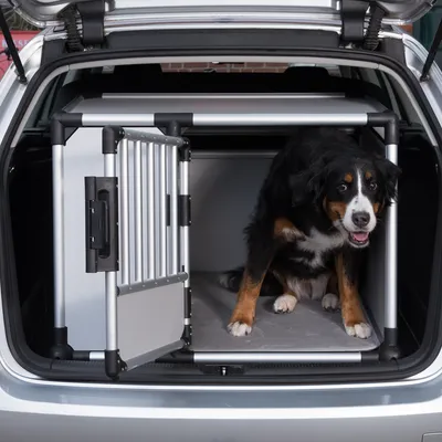 Dog sitting in a silver transport box with metal grid door in the boot of a car. Box made of aluminium and plastic, suitable for safe transport.