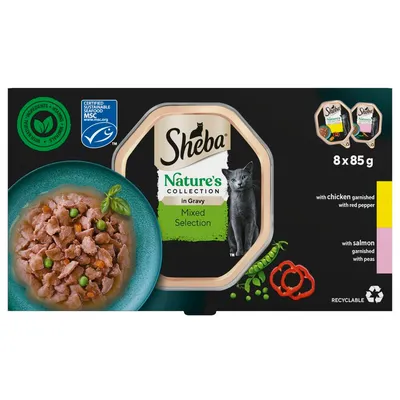 Sheba Nature's Collection in Gravy Mixed Selection, 8 x 85g. Includes chicken with red pepper and salmon with peas. Certified sustainable seafood. Recyclable packaging.