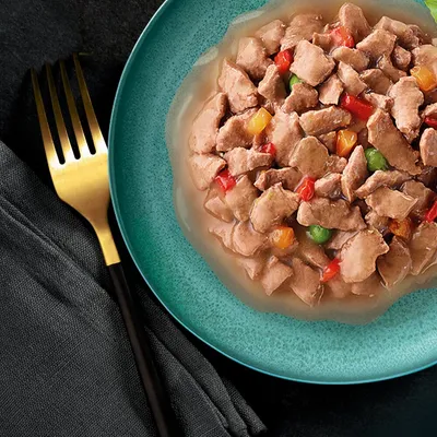 Chunks of meat in gravy with visible pieces of red, yellow, and green vegetables served on a plate.