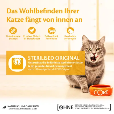 Texte en allemand : STERILISED ORIGINAL, unterstützt die Bedürfnisse sterilisierter Katzen & ein gesundes Gewichtsmanagement, 18 % weniger Fett als CORE Original. Wellness CORE visible.