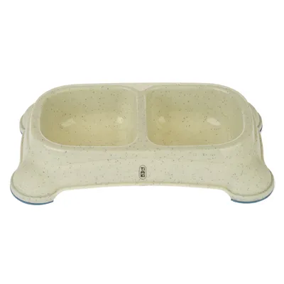 Dublu bol din plastic cu două compartimente, bej cu pete negre. Marca Trixie vizibilă pe partea din față.