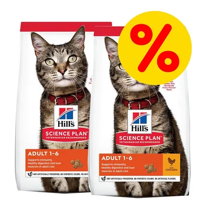 Hill's Science Plan Adult 1-6 con pollo para gatos. Texto visible: Supports immunity, healthy digestion and lean muscles in adult cats. Oferta destacada con símbolo de porcentaje.