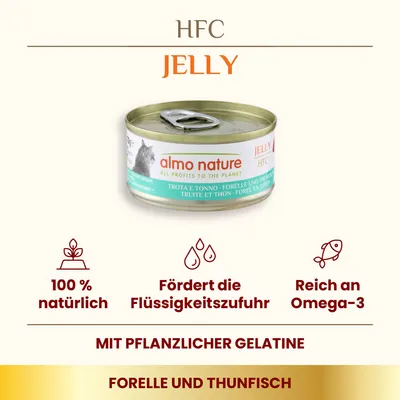 almo nature HFC Jelly, Forelle und Thunfisch. 100 % natürlich, fördert die Flüssigkeitszufuhr, reich an Omega-3, mit pflanzlicher Gelatine.