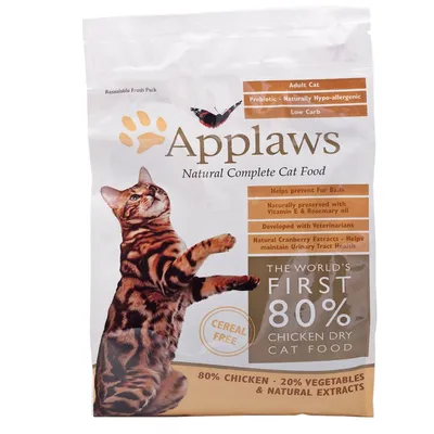 Applaws Natural Complete Cat Food, 80 % piščanec, 20 % zelenjava in naravni izvlečki, brez žit, za odrasle mačke. Vidno: prebiotik, hipoalergeno, nizka vsebnost ogljikovih hidratov.