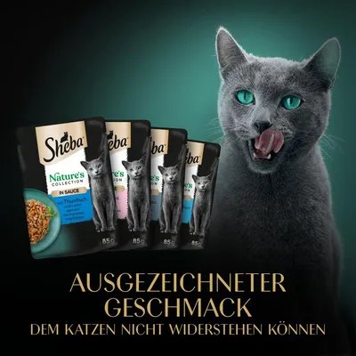 Sheba Nature's Collection en sauce, sachets 85 g. Texte en allemand : Ausgezeichneter Geschmack dem Katzen nicht widerstehen können.