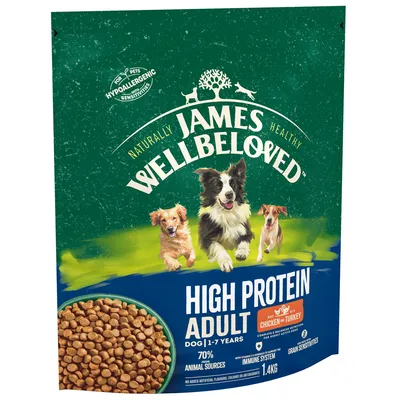 High protein adult dog food for ages 1-7 years, with chicken and turkey, 70% animal sources, supports immune system, hypoallergenic, suitable for grain sensitivities, 1.4kg pack.