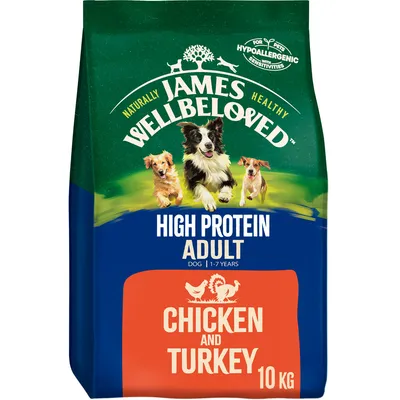 High protein adult dog food, chicken and turkey flavour, hypoallergenic for pets with sensitivities, suitable for ages 1 to 7 years, 10kg bag.