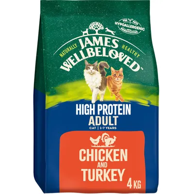 High protein adult cat food, chicken and turkey flavour, 4kg, hypoallergenic for pets with sensitivities, suitable for cats aged 1 to 7 years.
