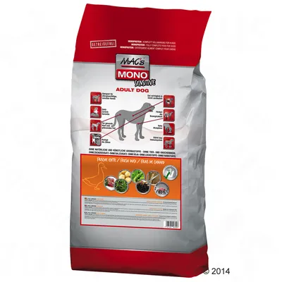 Sac de croquettes MAC's Mono Sensitive Adult Dog, mention 'Frais de canard', illustrations d'ingrédients, texte en allemand et anglais, schéma du chien avec points clés.