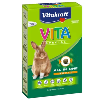 Confezione Vitakraft VITA Special All in One Adult per conigli nani, scritte: prebiotic, wenig calcium, gräser & timothy, zahnpflege, geruchs-stop. Immagine di un coniglio e pellet.