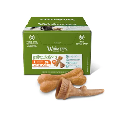 Boîte Whimzees Wellness antler ricebone pour chiens adultes 18–27 kg, 30 friandises. Texte visible : triple care, daily dental care, ingrédients naturels, nombre limité d’ingrédients.