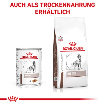 Royal Canin Hepatic Nass- und Trockenfutter für Hunde. Hinweis: Auch als Trockennahrung erhältlich.