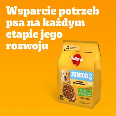 Pedigree Junior karma sucha z drobiem i warzywami, 2,6 kg. Wspomaganie potrzeb psa na każdym etapie rozwoju. Pedigree Junior karma sucha z drobiem i warzywami, 2,6 kg. Wspomaganie potrzeb psa na każdym etapie rozwoju.