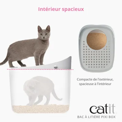 catit BAC À LITIÈRE PIXI BOX Toilette pour chat avec un intérieur spacieux, compacte à l’extérieur. Le chat se tient debout et s’assoit dans la box. Vue du dessus sur le couvercle avec une entrée ronde. catit BAC À LITIÈRE PIXI BOX Toilette pour chat avec un intérieur spacieux, compacte à l’extérieur. Le chat se tient debout et s’assoit dans la box. Vue du dessus sur le couvercle avec une entrée ronde.