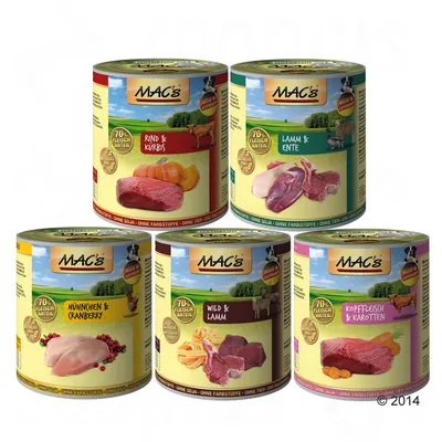 MAC's våtfoderburkar med synliga smaker: Rind & Kürbis, Lamm & Ente, Huhnchen & Cranberry, Wild & Lamm, Kopffleisch & Karotten. 70 % Fleischanteil står på varje burk.