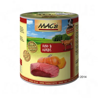 MAC's burk med text: 70% Fleischanteil, Rind & Kürbis, Getreidefrei, Made in Germany. Bild på köttbit och pumpa. Utan soja, färgämnen, djur- och benmjöl.
