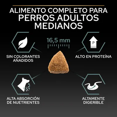 Alimento completo para perros adultos medianos. Croqueta de 16,5 mm. Sin colorantes añadidos, alto en proteína, alta absorción de nutrientes, altamente digerible.