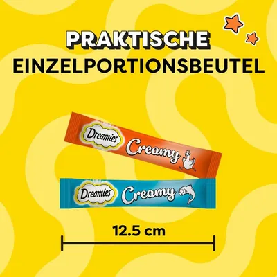 Dreamies Creamy Einzelportionsbeutel, Länge 12,5 cm. Praktisch für unterwegs. Varianten: Orange mit Huhn, Blau mit Fisch.