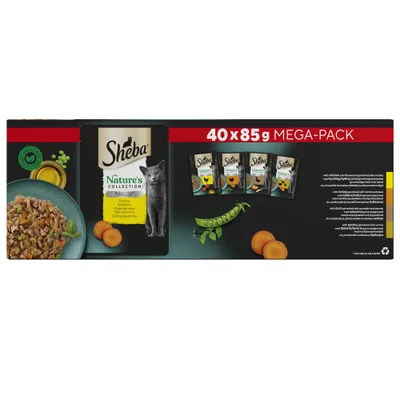 Sheba Nature's Collection mega-pack, 40 x 85g pouches. Image shows food with peas and carrots, four pouch varieties, and key ingredients including oil, peas, and carrots.