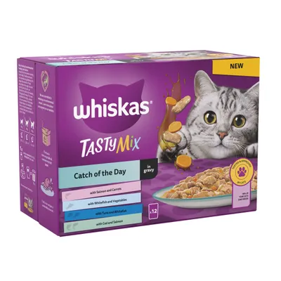 Whiskas TastyMix Catch of the Day in gravy, 12 pack. Includes salmon and carrots, whitefish and vegetables, tuna and whitefish, cod and salmon. New product.