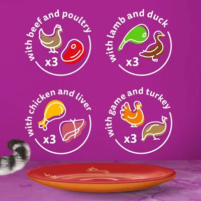 Product contains 3 portions each of beef and poultry, lamb and duck, chicken and liver, and game and turkey. Illustrated icons show each meat type.