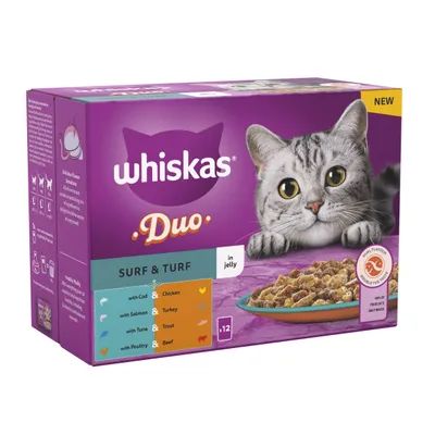 Whiskas Duo Surf & Turf in jelly, 12 pack with flavours: cod and chicken, salmon and turkey, tuna and trout, poultry and beef. Dual flavour, provides daily needs.