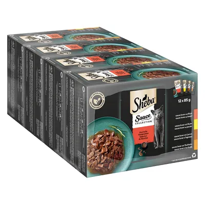 Sheba Sauce Collection, herzhafte Komposition, 12 x 85 g. Sorten: Rind, Huhn, Lamm, Truthahn. 100% recycelbare Verpackung.