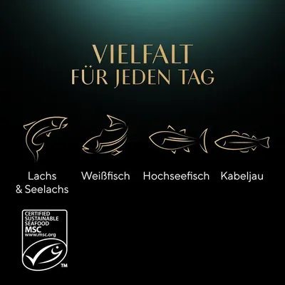 Texte en allemand : Vielfalt für jeden Tag. Lachs & Seelachs, Weißfisch, Hochseefisch, Kabeljau. Label Certified Sustainable Seafood MSC www.msc.org.