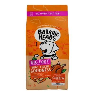 Barking Heads Big Foot complete pet food for large adult dogs over 25kg, supports immunity and vitality, vet approved, made with 50% chicken and rice, natural ingredients.