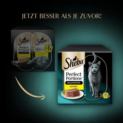 Sheba Perfect Portions nemes pástétom csirkével, Friss csomag x6, most jobb, mint valaha. A csomagoláson macska és 37,5g-os adagok láthatók.