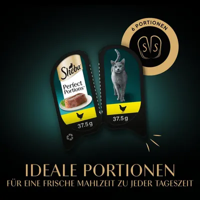Sheba Perfect Portions mit Huhn, 6 Portionen à 37,5g. Ideale Portionen für eine frische Mahlzeit zu jeder Tageszeit.