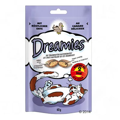 Dreamies grickalice za mačke s patkom, manje od 2 kcal po komadu, pakiranje 60 g. Tekst na njemačkom i francuskom jeziku.