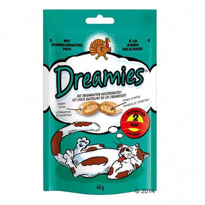 Dreamies grickalice za mačke s puretinom, manje od 2 kcal po komadu, pakiranje 60 g. Tekst na njemačkom i francuskom jeziku.