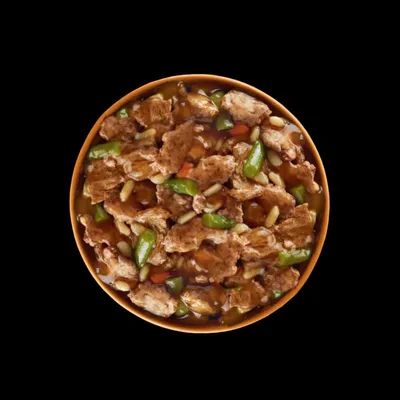 Bowl filled with chunks of meat, green beans, carrots and gravy, showing the texture and ingredients of the wet pet food.