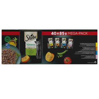 Sheba Nature’s Collection 40 x 85g mega-pack with images of food pouches, a plate of chunks in sauce, and visible ingredients including pumpkin, peas, and tomato.
