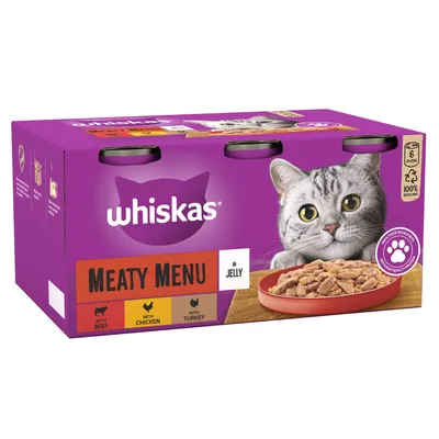 Whiskas Meaty Menu in Jelly, with beef, chicken and turkey. Pack contains 6 x 400g cans. 100% recyclable packaging.