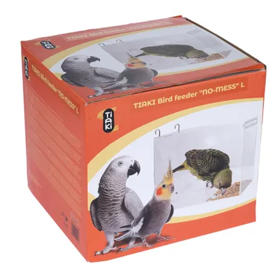 Packaging of Tiaki Bird Feeder 'No-Mess' L with images of two birds and one bird eating from the feeder.