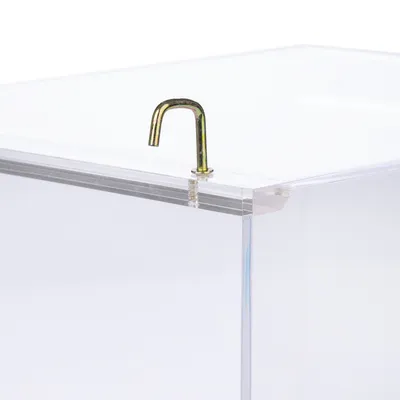 Transparent container made of plexiglass with metal hook at the top edge, suitable for closure or attachment.