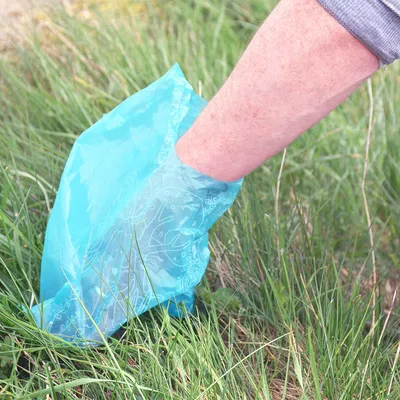 Hand in een blauwe hondenpoepzak die in het gras wordt gebruikt.
