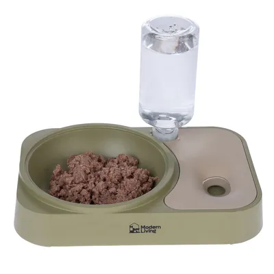 Comedero con comida húmeda marrón y dispensador de agua integrado. Marca: Modern Living.