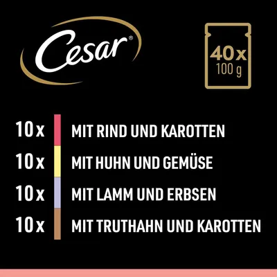 Cesar. 40x100g: 10x mit Rind und Karotten, 10x mit Huhn und Gemüse, 10x mit Lamm und Erbsen, 10x mit Truthahn und Karotten.