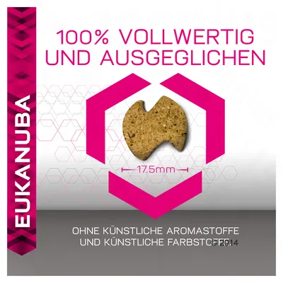 EUKANUBA. 100% VOLLWERTIG UND AUSGEGLICHEN. Ração com croquete de 17,5 mm. OHNE KÜNSTLICHE AROMASTOFFE UND KÜNSTLICHE FARBSTOFFE. Texto em alemão.