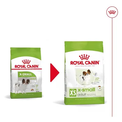 Стара и нова опаковка на Royal Canin X-Small Adult за кучета. Видими са надписи: X-Small, Adult, Size XS, x-small adult, Royal Canin. Илюстрация на малко куче отпред.