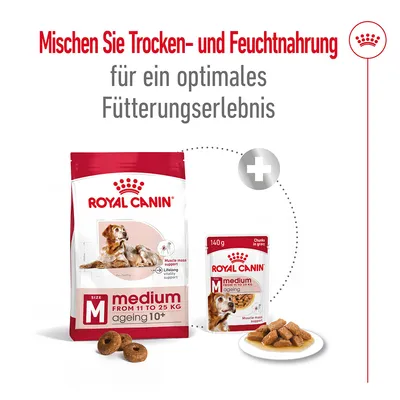 Royal Canin Medium Ageing 10+ Trocken- und Feuchtnahrung für Hunde von 11 bis 25 kg. Empfehlung: Mischung für optimales Fütterungserlebnis.