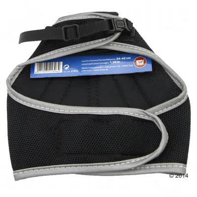 Adjustable harness with a size range of 24-42 cm and a lead length of 1.20 m, suitable for washing at 30 degrees Celsius as shown on the product label.